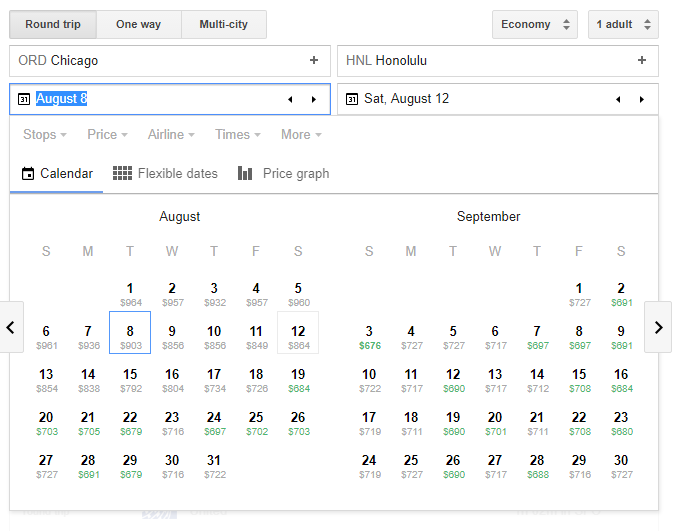 Low Fare Calendar Screenshot