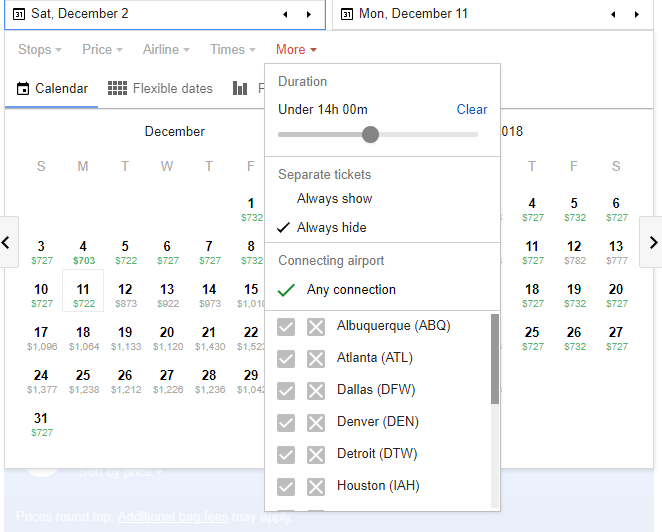 Filters available on Google Flights