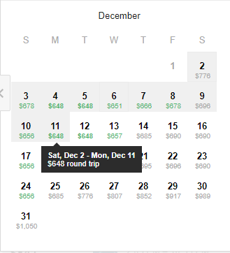 Calendar of Return Flight Fares