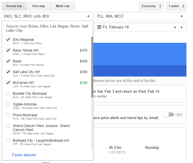 List of nearby airports provided by Google Flights