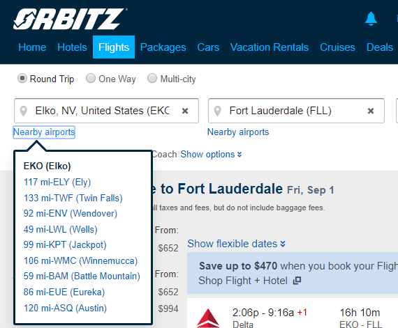 The list of nearby airports as provided by Orbitz