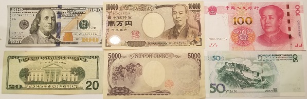 US, Chinese, and Japanese Currency